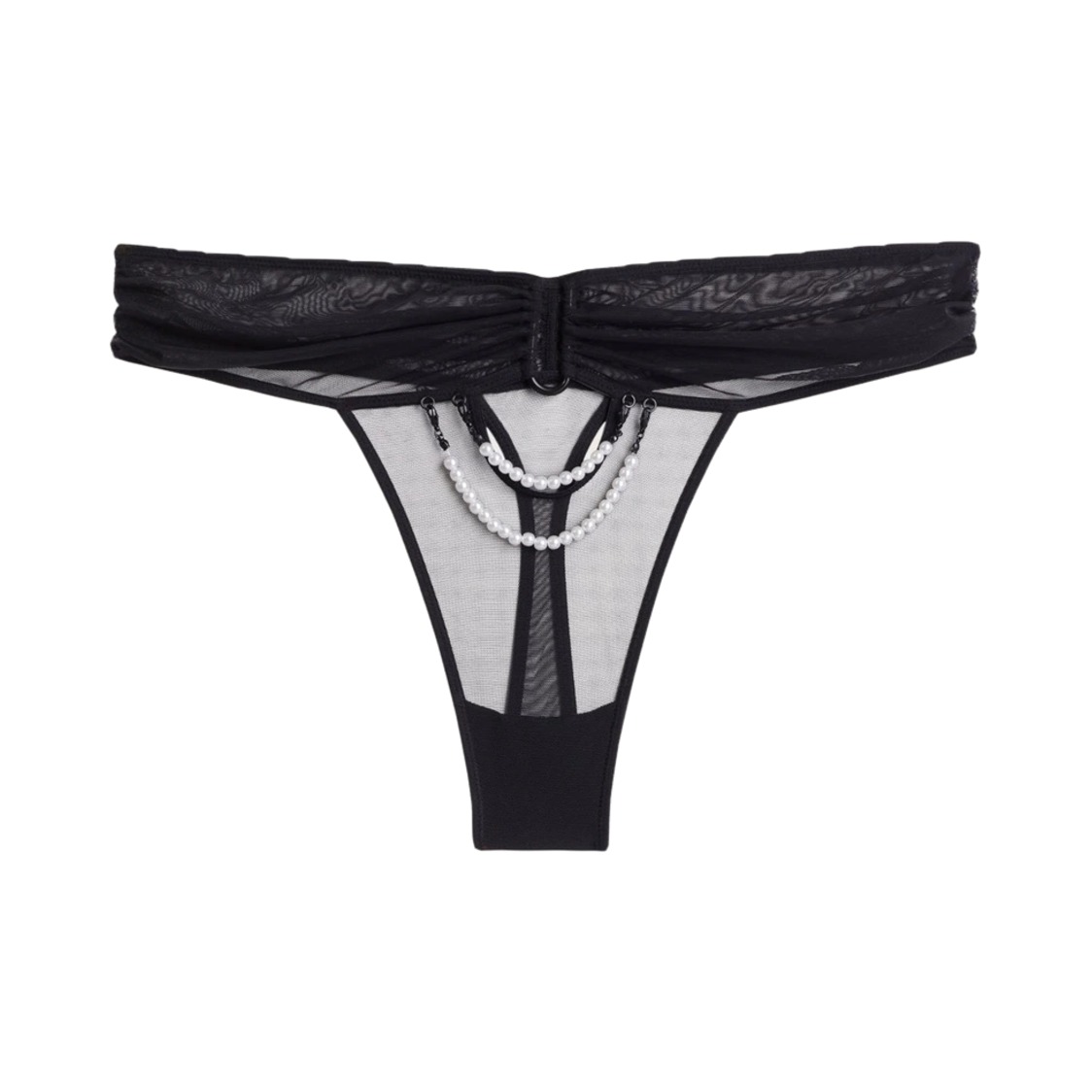 Yamamay Tulle Sash with White Pearl Detail Privè Thong - Pearl M черные прозрачные стринги с жемчужными нитями